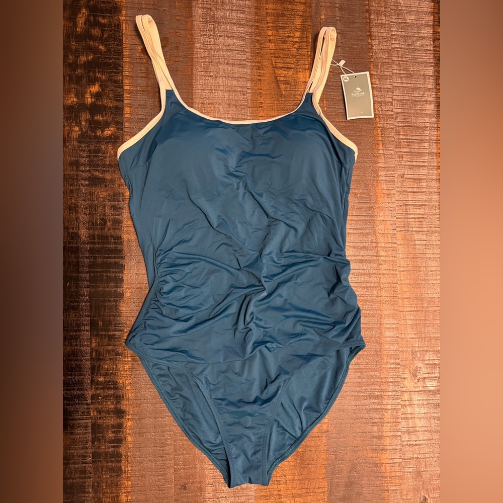 NWT EoMenie Women’s Tummy Control One Piece Swimsuit Teal White Adjustable Strap